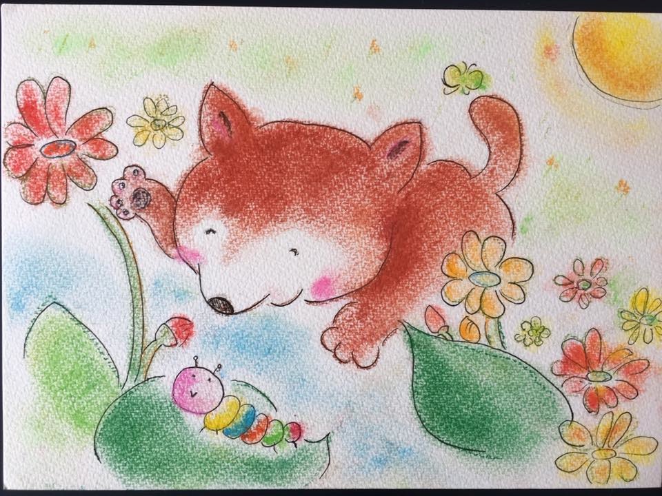 春 犬 青虫 かわいい 絵 パステル画 パステルアート デッサン イラスト ドローイング 色のね いろのね ironone 沖明日香 絵画教室 絵画造形教室 こども工作 おえかき 関西 大阪 枚方 八幡